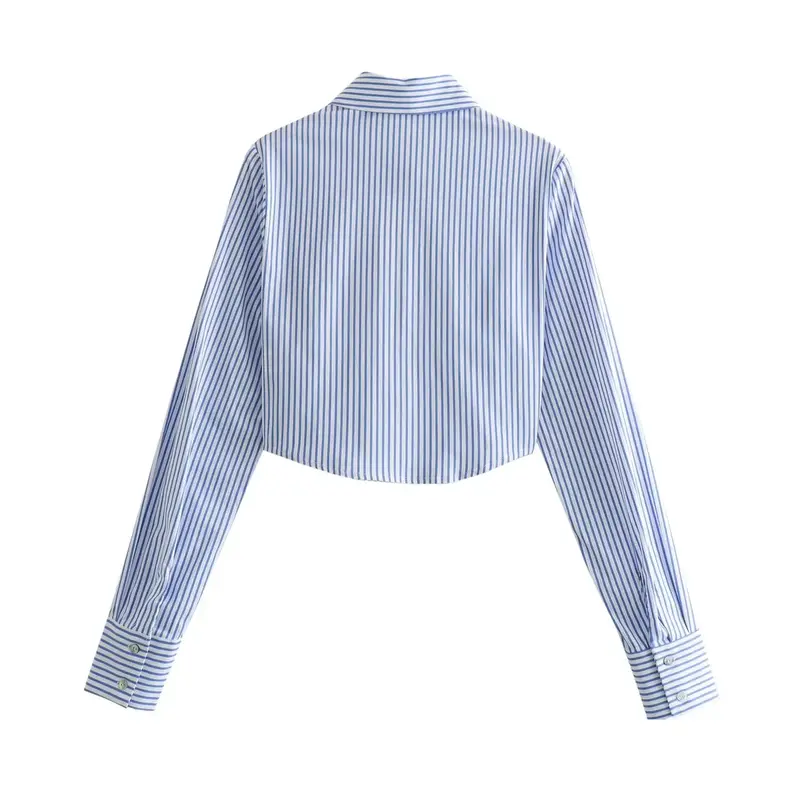 Women 2024 New Fashion Slim Cropped Versatile striped lapel Blouses Vintage Long Sleeve Button-up Female Shirts Chic Tops
