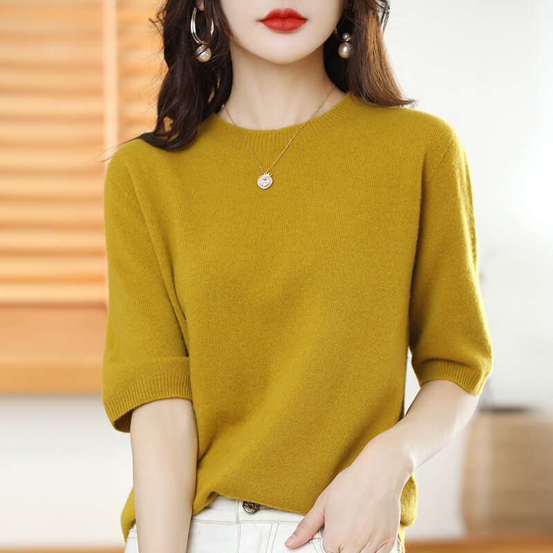 Women's Shirts 2022 Summer New Wool Crew Neck Sweaters Short Sleeves Casual Solid Color Tops Plus Size Pullover T-Shirts Worsted
