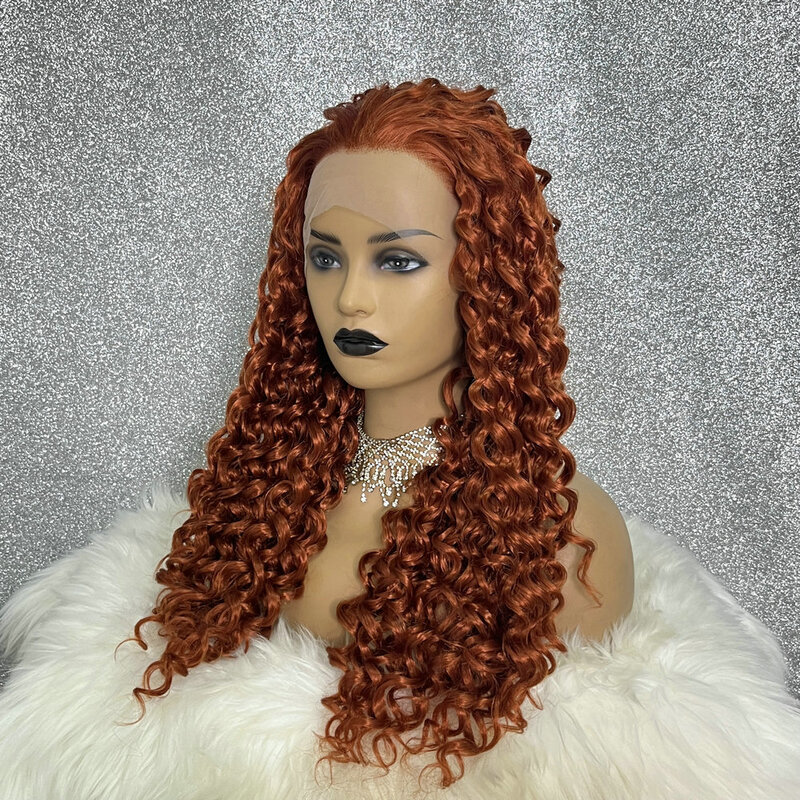 Ketebalan 180 Wig sintetis warna cokelat kemerahan 13x3.5 Wig renda depan Wig Cosplay Ratu tarikan keriting tanpa lem tahan panas untuk wanita