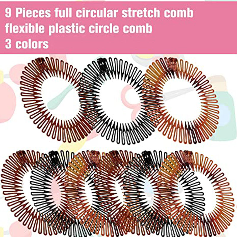 9 Pieces Full Circular Stretch Pente Plástico Flexível Círculo, Cabelo Pente Headband Titular Hairband para As Mulheres Meninas