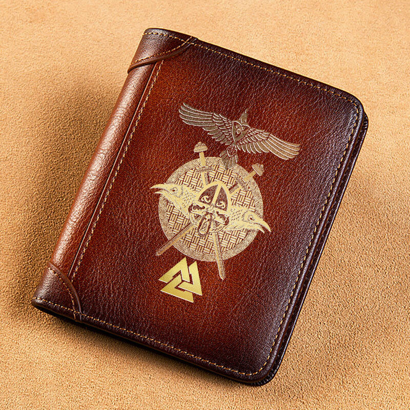 High Quality Genuine Leather Men Wallets Viking Eagle Symbol Printing Short Card Holder Purse Luxury Brand Male Wallet