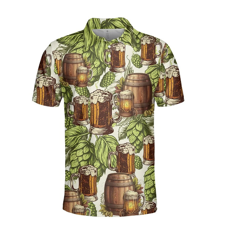 Cerveja Saúde! Camisas polo de manga curta masculina, camisa polo de botão, tops casuais de streetwear, roupas havaianas, moda masculina