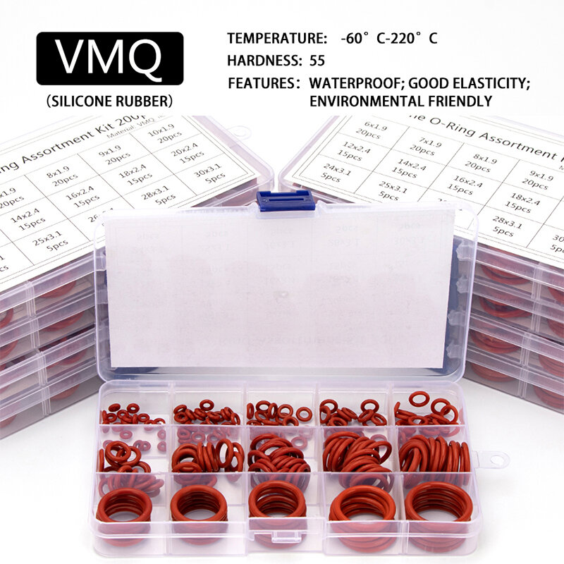 Kit surtido de juntas tóricas de sellado VMQ, 150-200-225PCS, OD 6mm-30mm CS 1,5mm 1,9mm 2,4mm 3,1mm, reemplazos de juntas Rojas HG009