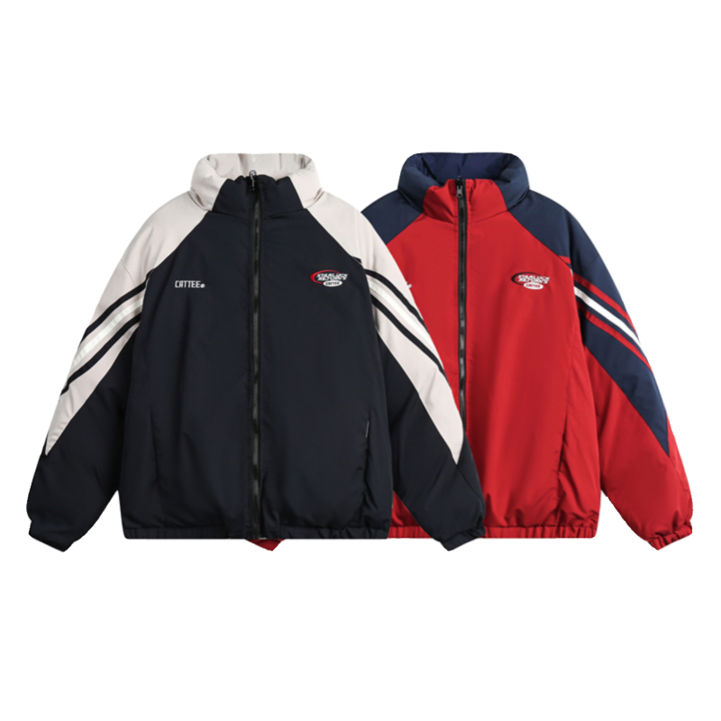 남성용 아메리칸 레트로 양면 스탠드 칼라 코튼 코트, 따뜻한 두꺼운 대비 색상 작업복 파카 재킷, 가을 겨울