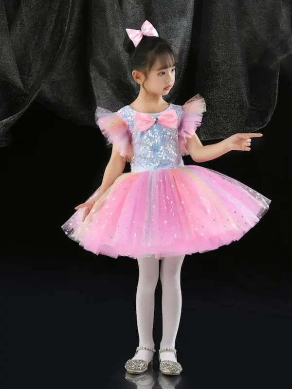 Vestido de princesa con lentejuelas para niños, tutú de baile moderno, ropa de actuación, faldas de Ballet, disfraz de baile de Jazz, color rosa