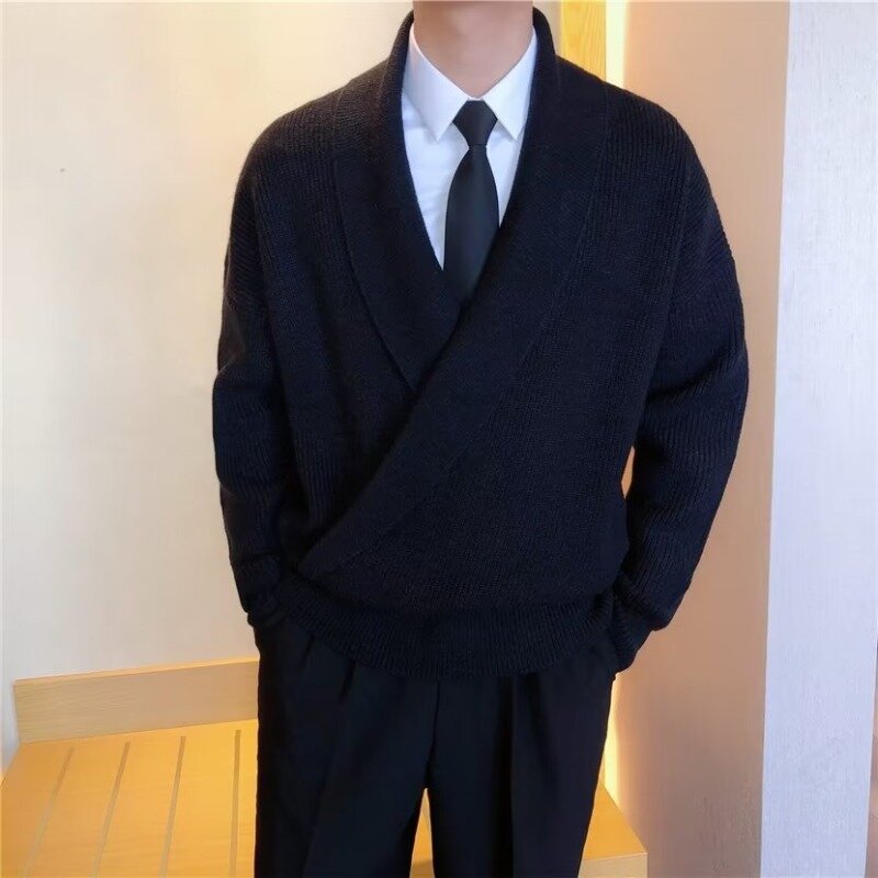 Suéter Vintage con cuello en V para hombre, jerseys de punto cálidos para otoño e invierno, suéteres informales sueltos de manga larga, ropa de calle