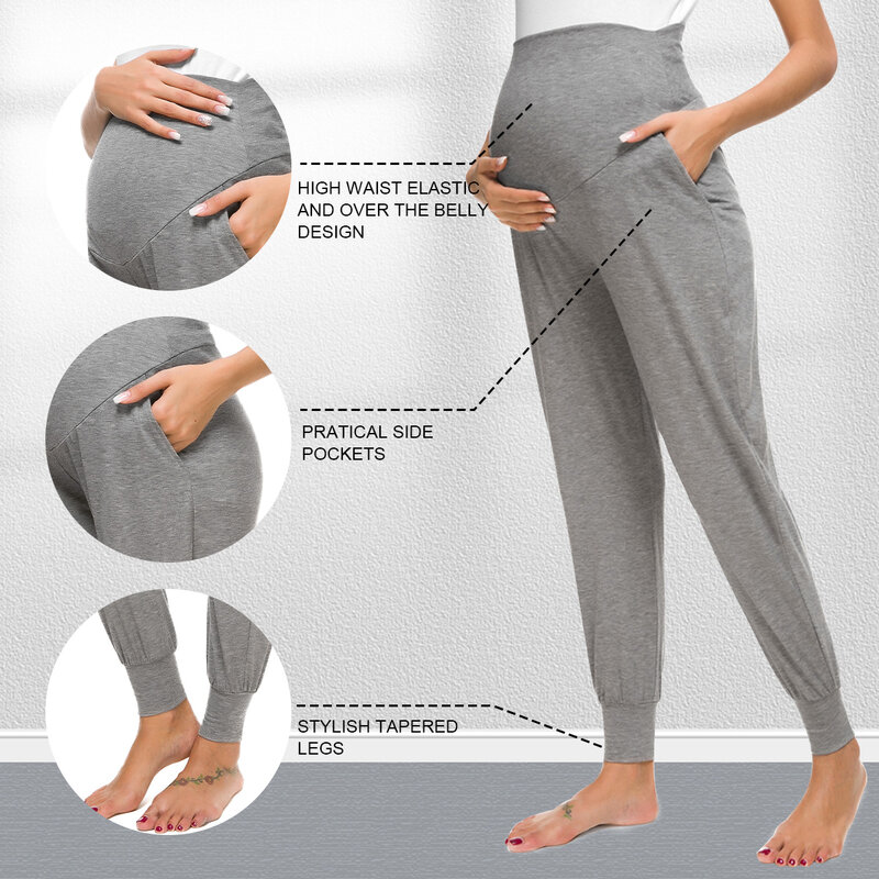 Liu & Qu สตรีคลอดบุตรกางเกงการตั้งครรภ์ยืดสบาย Lounge กางเกงสูงเอวกางเกงกระเป๋า