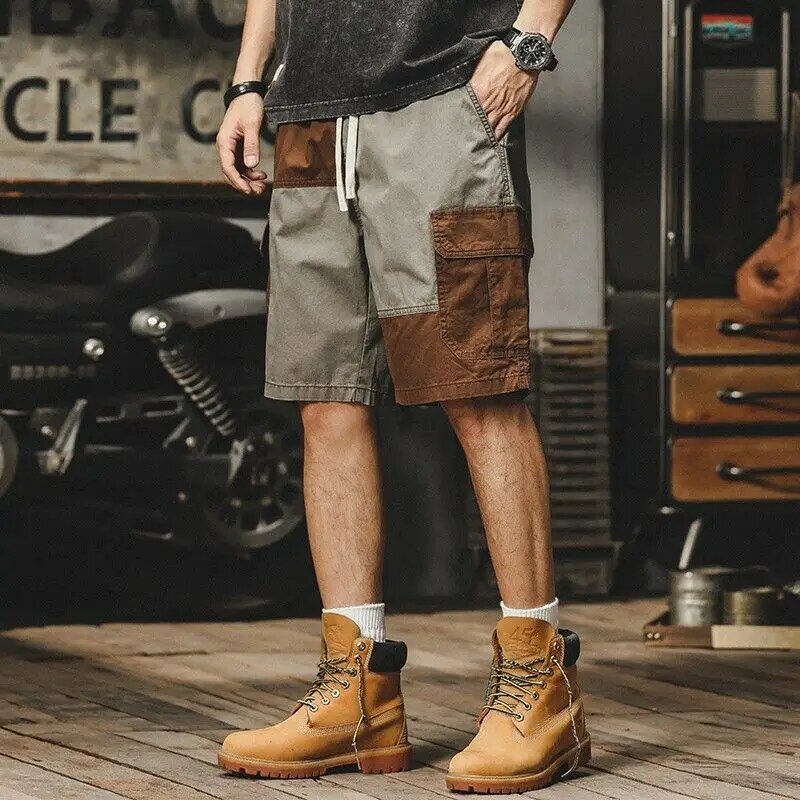 Shorts de carga vintage masculino com corda de desenho, calças soltas masculinas, tamanho grande emendado, tamanho grande largo, strech largo, whate aconchegante, Y2K