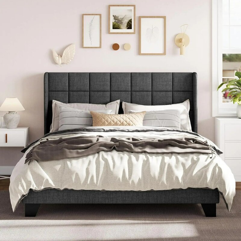 Łóżko z pełnymi bokami rama z uskrzydlonym tyłem, tapicerowany tkaniną kwadratowy zagłówek i listwa, łatwy w montażu, ciemnoszary