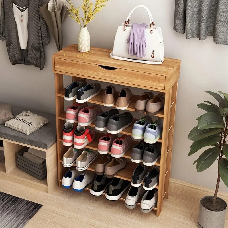 soges 5-Tier Wooden Shoe Rack with Storage Cabinet,29.5 inches Vertical Free Standing Shoe Shelf, Shoe Organizer Storage Cabinet