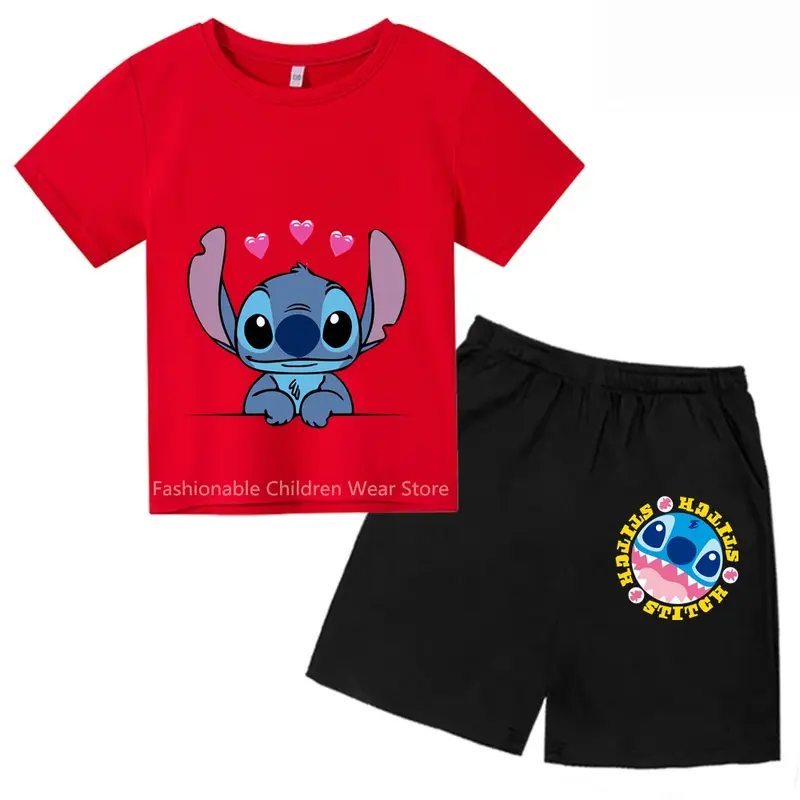 Conjunto de camiseta de manga corta y pantalones cortos con estampado de Anime Disney Stitch, divertido y cómodo, Ideal para aventuras de verano para niños, 2024