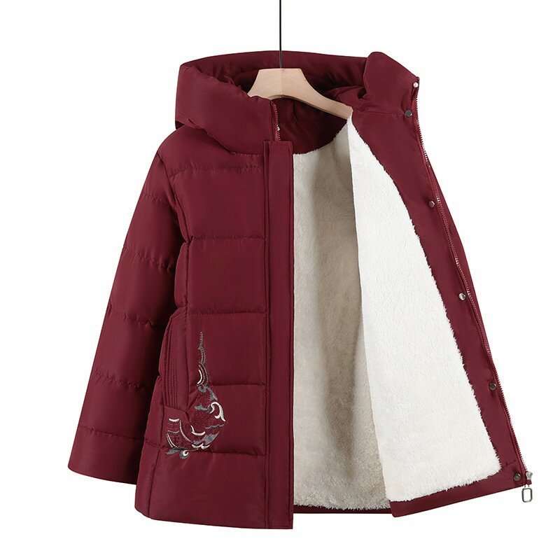 Bordado e pelúcia jaqueta de algodão, tamanho grande, casaco com capuz solto, monocromático, roupas de inverno