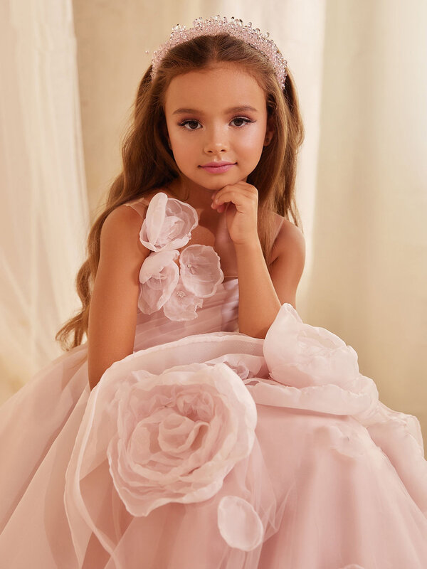 Розовое платье для девочки с цветочным рисунком на свадьбу, пышная фатиновая аппликация, детское платье принцессы на день рождения, бальное платье для первого причастия