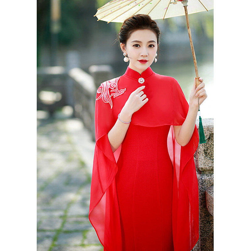 Red Evening Party Long Qipao Sexy Women Modal Show Perform Cheongsam Lady Chinese Mandarin Collar Dress Gown Plus Size 5XL