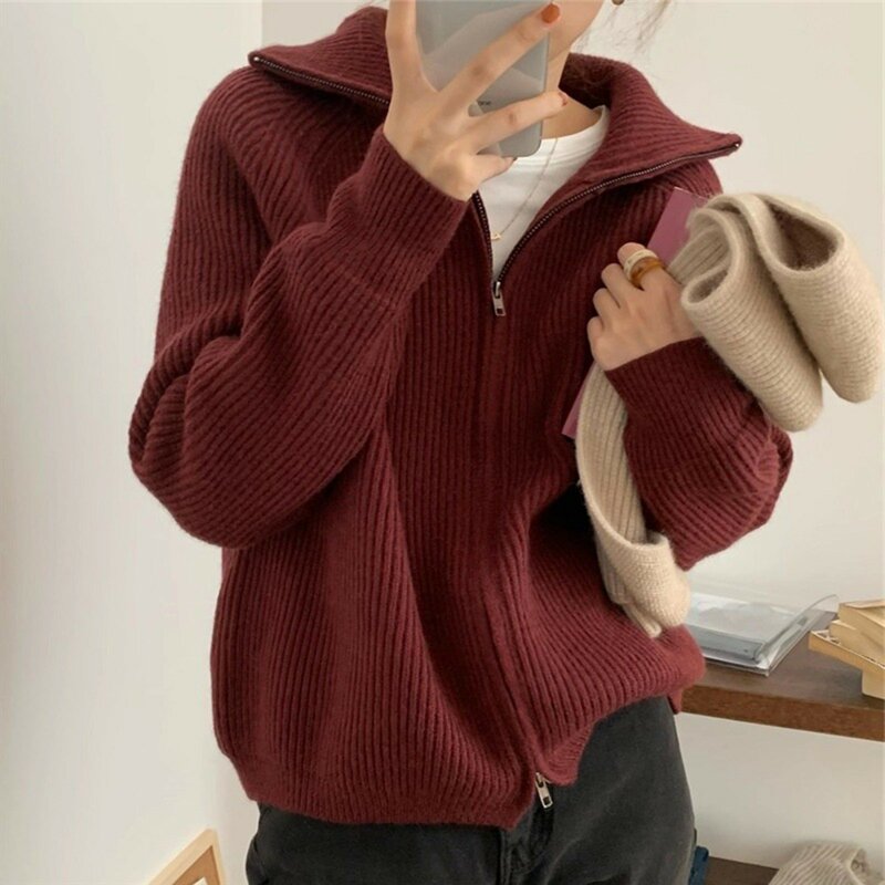 Cárdigans de punto con solapa para mujer, suéter informal suelto con cremallera, abrigo de moda coreana, Tops cortos de punto Harajuku, novedad de 2023