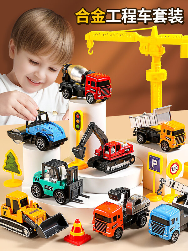 Set mainan mobil proyek, Set mainan simulasi paduan Model ekskavator tarik mundur Mini, mainan inersia untuk anak-anak