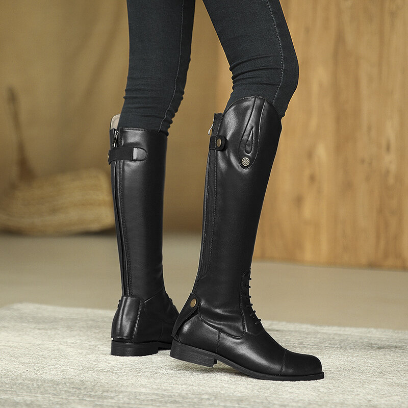 Nowe długie buty damskie jesienno-zimowe buty jeździeckie z prawdziwej skóry wysokiej beczki do jazdy konnej rycerza Equitacion Caballos