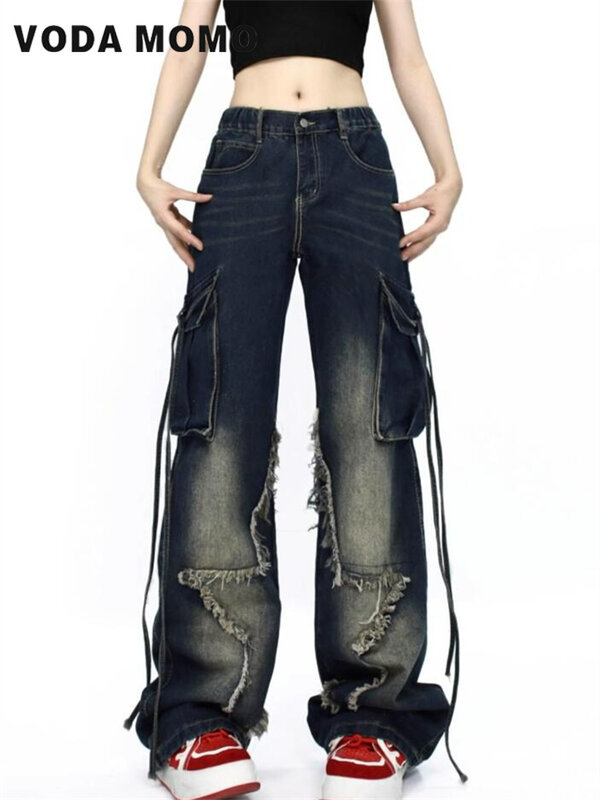 Celana Denim lurus Y2K Vintage, celana Denim Baggy lurus, pinggang tinggi, celana Jeans wanita mode Chic Amerika, celana jins kaki lebar, celana jins wanita
