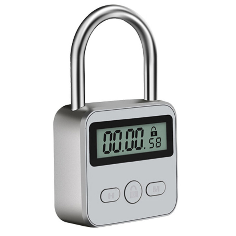 Metal Timer Lock LCD Display Multi-Function Electronic Time 99 Hours Max Timing USB Rechargeable Timer Padlock,Silver