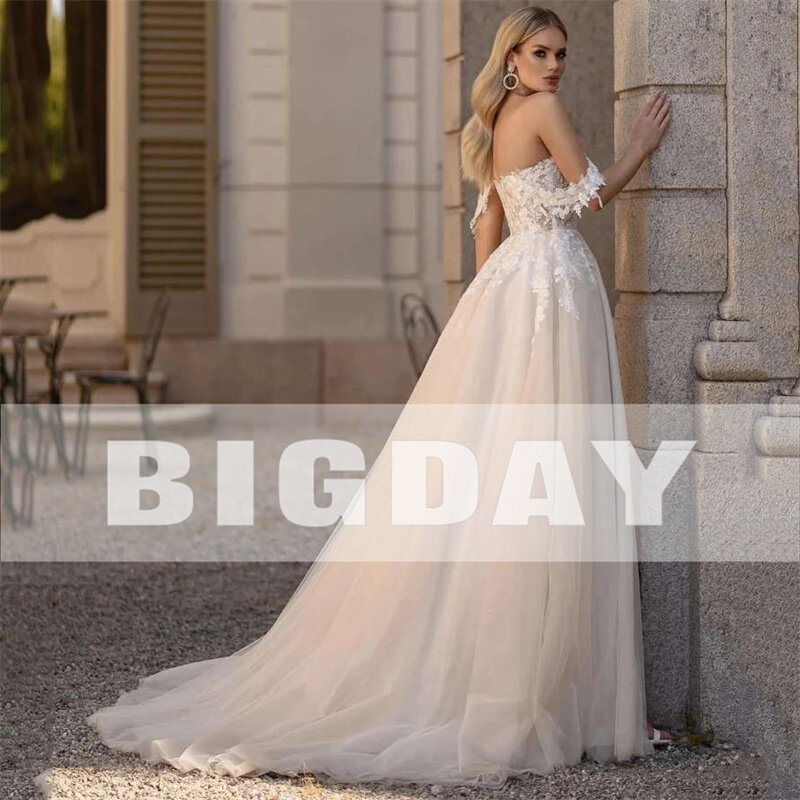 Gaun pengantin A-Line elegan wanita 2024 renda dari bahu kekasih gaun pengantin belahan belakang terbuka gaun pengantin Sweep Train Vestido De Noiva