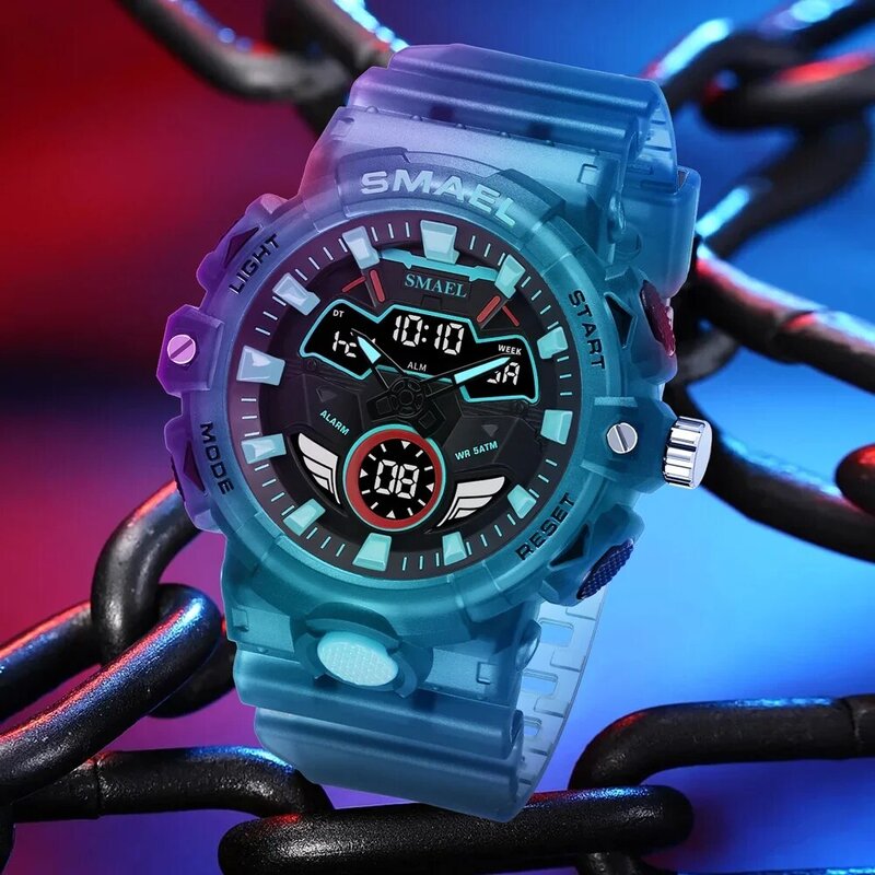 SMAEL Digital and Quartz Movement Men Sport Watches LED Light Multifunction Chrono Date Waterproof Analog Electronic Wristwatch