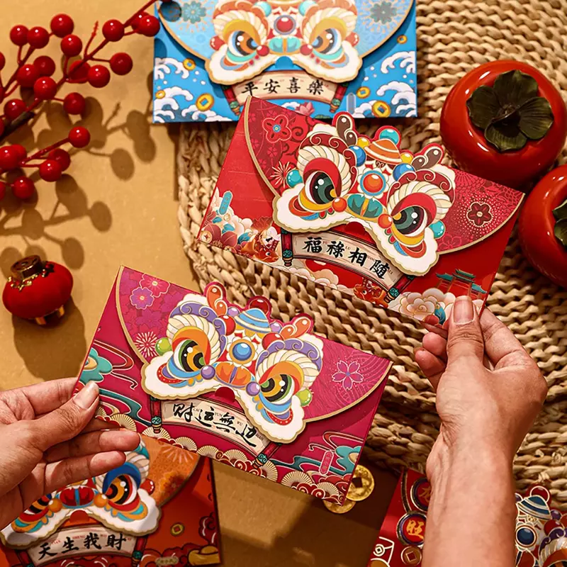 4 buah amplop merah Tahun Baru Tiongkok, paket merah Tahun Baru Imlek untuk pesta Festival Musim Semi amplop kartun Tiongkok