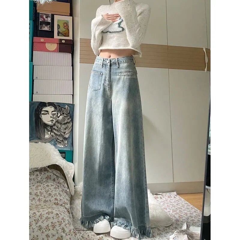 Vintage Quaste Baggy Wide Leg Jeans Frauen gerade locker lässig hohe Taille gewaschen Jeans hose Hose Streetwear Vaqueros y2k