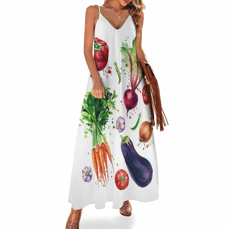 Набор овощей, платье без рукавов с акварельным рисунком, женское вечернее платье, женские летние платья 2023