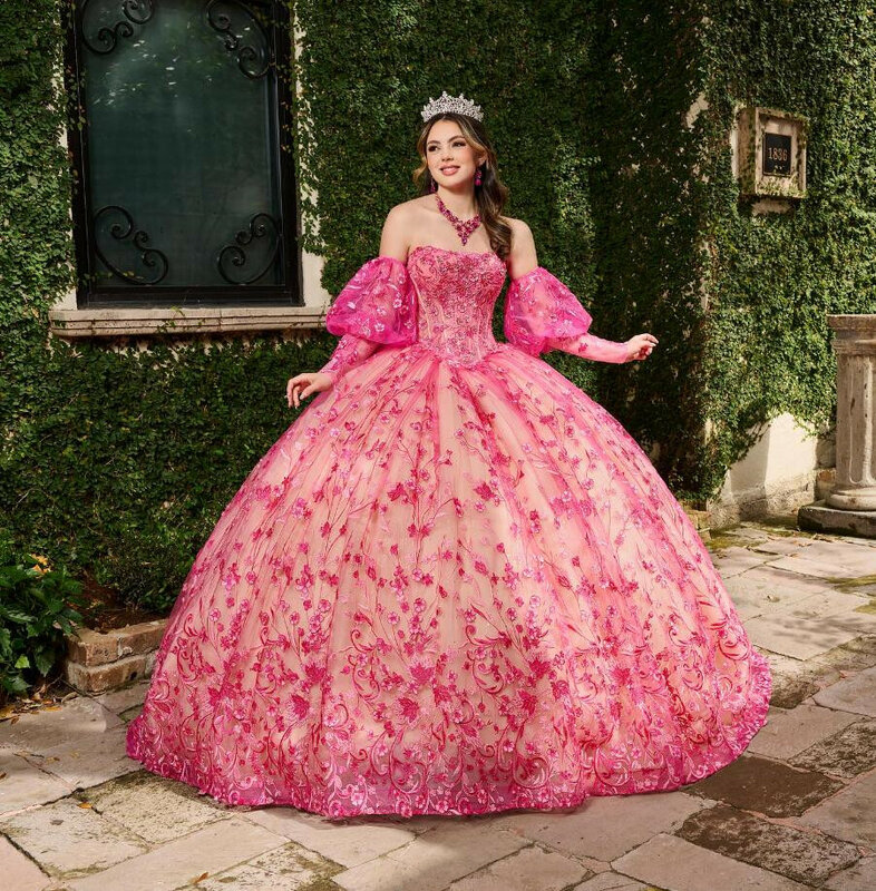 Fuchasia Puffy Princess Quinceanera Dresses with Sleeves Floral Embroidery Sweetheart vestido 15 quinceañeras Sweet 16