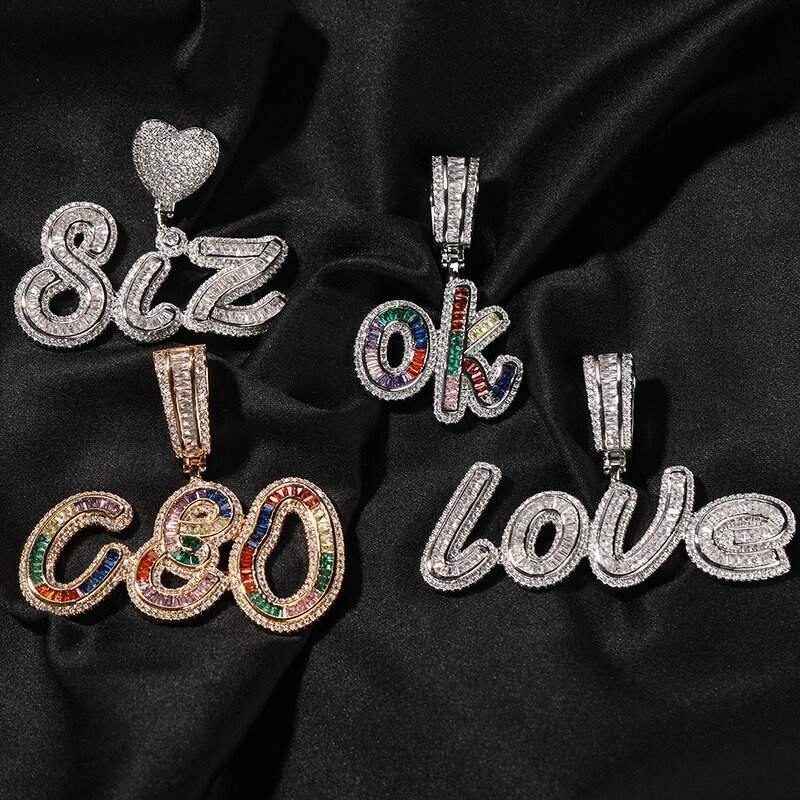 UWIN – pendentif en lettres cursives personnalisées, avec fermoir en cœur, Baguette glacée, collier, breloques, chaîne de Tennis, plaque signalétique, bijoux à la mode