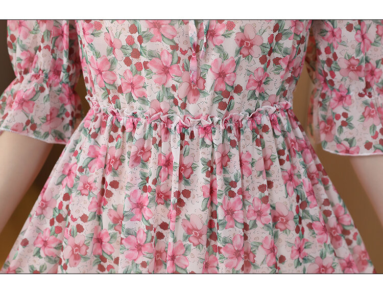 2023 Summer New Silk Flower Print V-Neck Short Sleeve Slim Dress Loose Large Waist Waist Length Knee Length Bohemian Gown