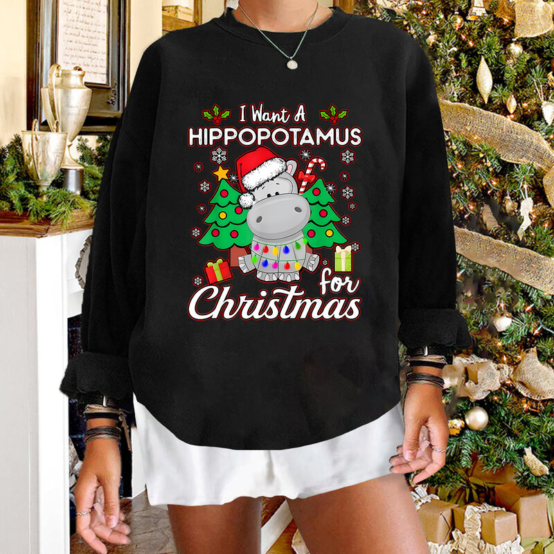 나는 Hippopotamus 크리스마스 2022s 크리스마스 라운드 칼라 풀오버, 가을 겨울 여성 따뜻한 긴 소매 풀오버 스포츠웨어