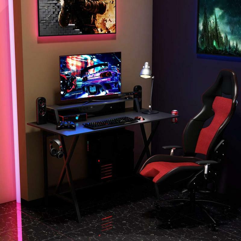 Costway-Gaming-Schreibtisch, T-förmiger Computer tisch mit ergonomischer Home-Office-Spielstation mit Kohle faser oberfläche
