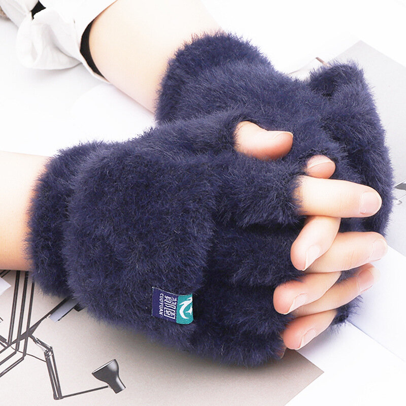 Winter Warm Women Knitted Flip-top Gloves Female Soft Fleece Half-finger Solid Color Gloves Imitation Mink Casual Ladies Gloves