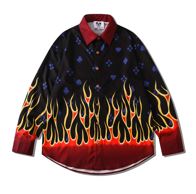 Herbst neue Herrenmode Flammen druck Hemden koreanischen Stil Langarm lose übergroße Hemd für Mann lässig Paar Ropa Navidad