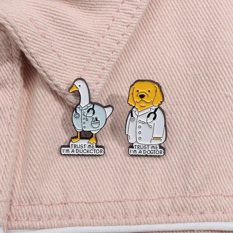 Cartoon Doctor Nurse Enamel Lapel Pins Cute Yellow Dog Cat Duck Stethoscope Medical Metal Brooch Denim Accessories Jewelry Gift