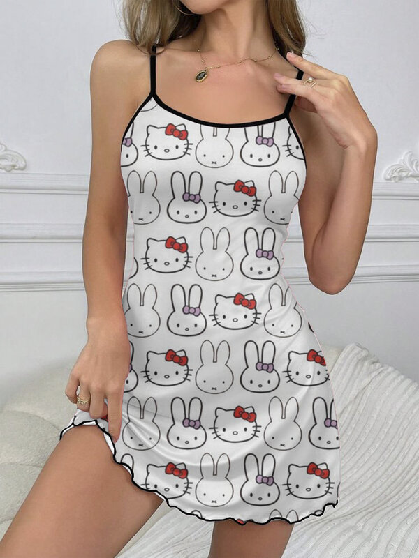 Sukienka domowa Eleganckie sukienki dla kobiet Satynowa spódnica piżamowa Crew Neck Hello Kitty Sałata Wykończenie Moda Lato 2024 Szykowny Mini
