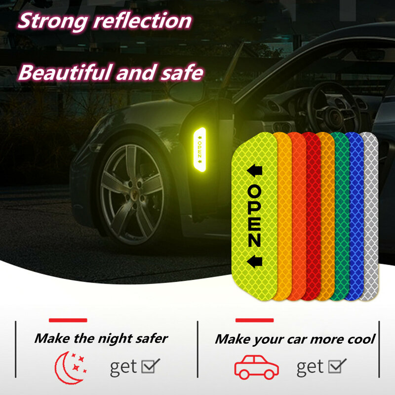 4PCS/Set Car Door Stickers Universal Safety Warning Mark OPEN High Reflective Tape For Auto Accessories Exterior Bike Helmet