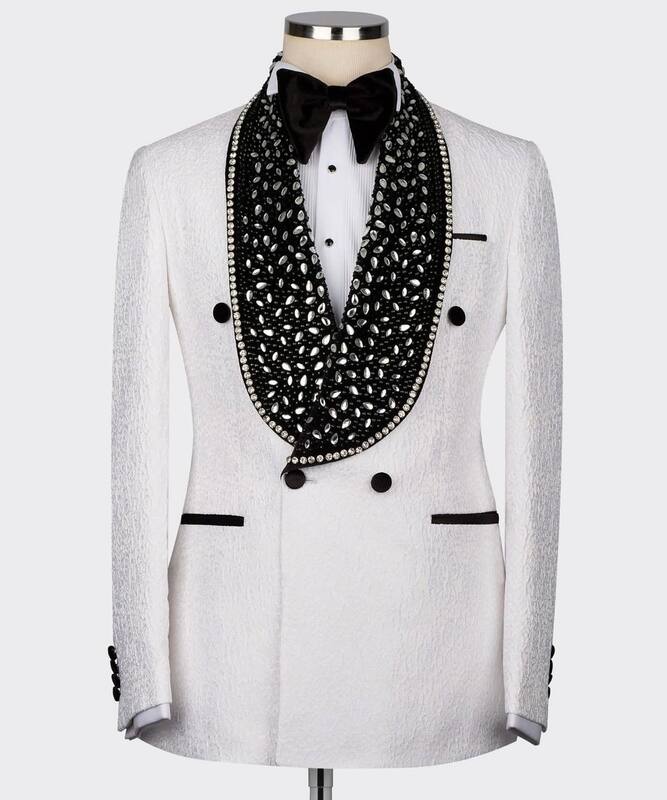 Completi da uomo Jacquard bianchi Set giacca su misura giacca 2 pezzi + pantaloni Luxury Prom Groom smoking da sposa cappotto doppiopetto