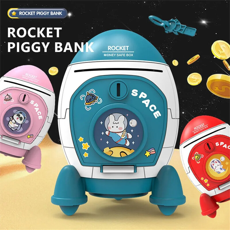 어린이용 귀여운 항공 돼지 저금통, 로켓 우주인 돼지 저금통, 만화 스티커, 수동 돼지 동전, 돈 상자, 어린이 선물 장난감
