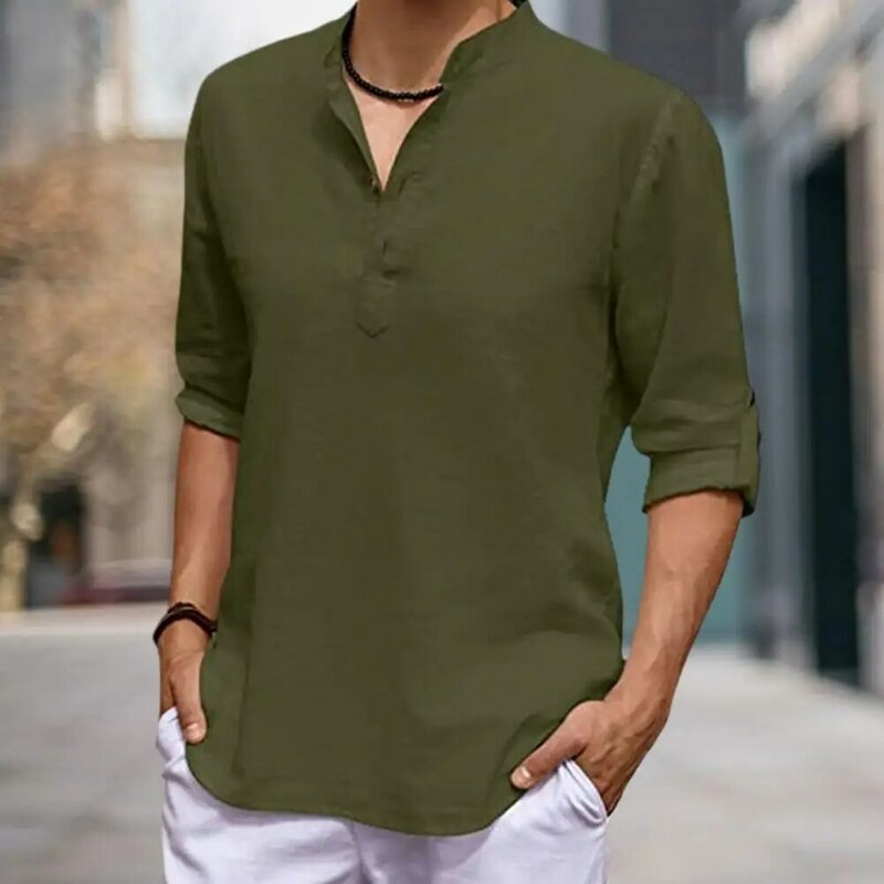 Uomo Top tinta unita manica regolabile Pullover colletto alla coreana manica lunga mezza monopetto t-shirt da uomo indumento quotidiano