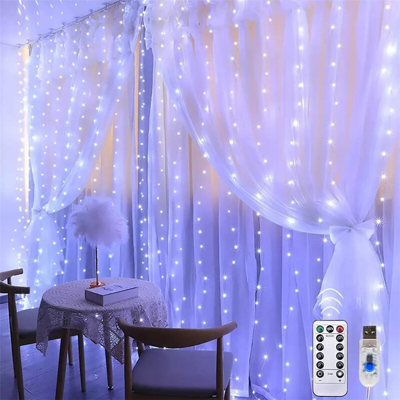 Cadena de luces de cortina de alambre de cobre, 3x3M, 300LED, USB remoto, 8 modos, guirnalda de luces de hadas de Navidad, decoración de fiesta de boda en casa, nuevo