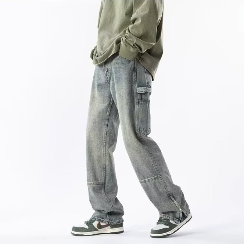 Celana panjang Jeans ritsleting pria, pakaian kerja lurus longgar kaki lebar dengan desain Vintage indera Pria Musim Semi