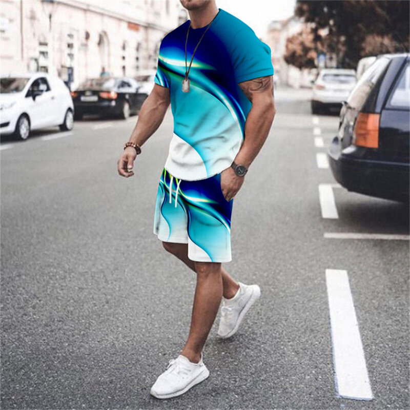 Fashion Stripe Plaid 3D Print T-Shirts Shorts Sets Men's Tracksuits Oversized Short Sleeve T Shirt Pants Set Man Suits Clothing