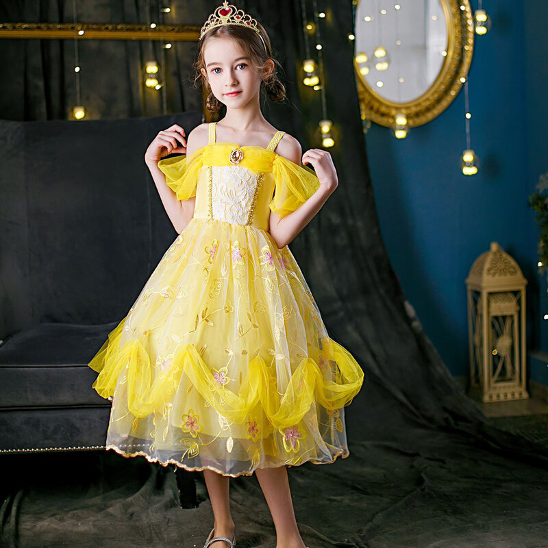 Dziewczęca sukienka księżniczka bella piękna i kostium bestii Cosplay urodziny Praty żółta luksusowa suknia piłka ślubna dziecięca Carvinal fantazyjna Clo