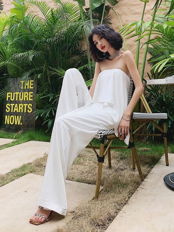 Letnie damskie elegancki biały artystyczne kombinezony proste kombinezon z szerokimi nogawkami bez ramiączek dla kobiet na plaży