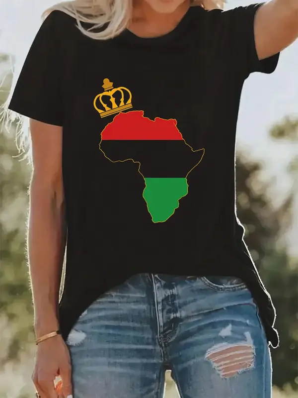 女性用半袖プリントTシャツ,ラウンドネック,アフリカンマップ,クラウン,サマーファッション,y2k