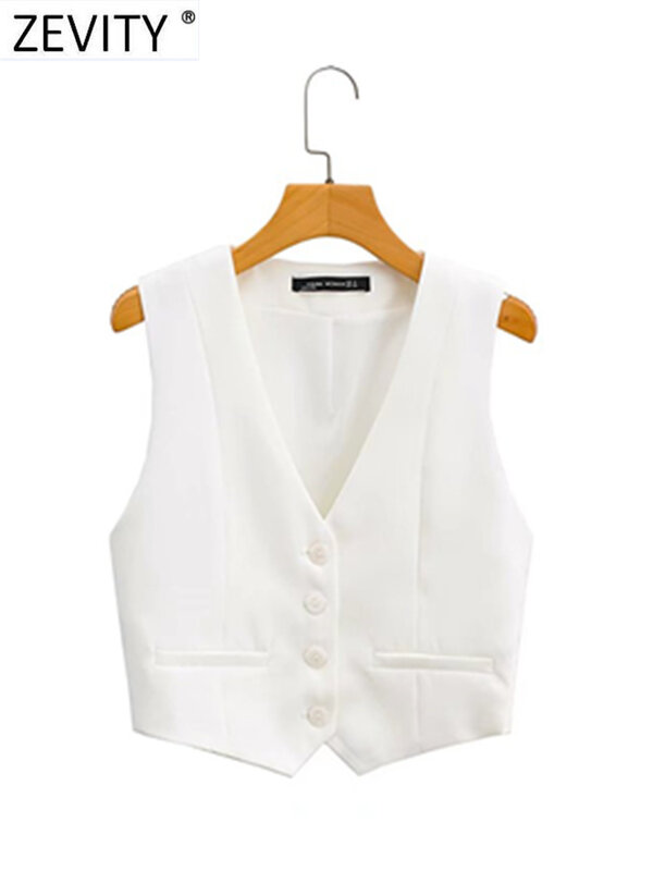 Zevity-Chaleco Corto con cuello en V para mujer, traje blanco elegante sin mangas de oficina, Tops ajustados de negocios, CT556