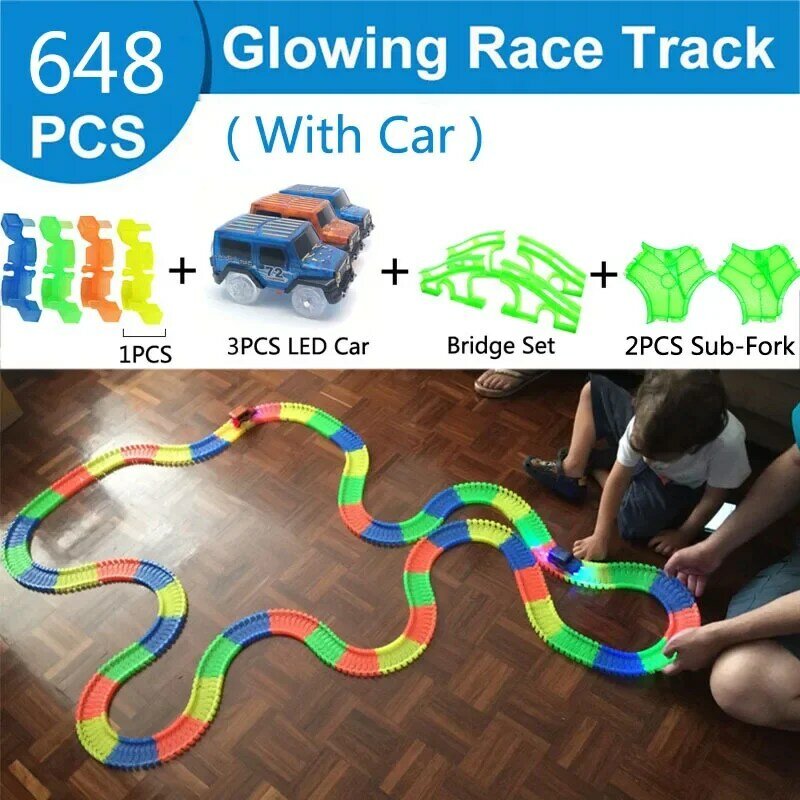 Kolejowe magiczne świecące elastyczne tory samochody zabawkowe dzieci wyścigi Bend Rail Track Led latarka elektroniczna samochód DIY zabawki dla dzieci prezent