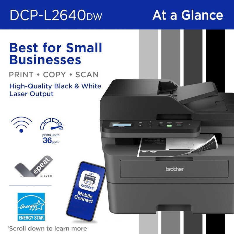 DCP-L2640DW 무선 컴팩트 흑백 다기능 레이저 프린터, 복사 및 스캔, 듀플렉스, 모바일, 블랙